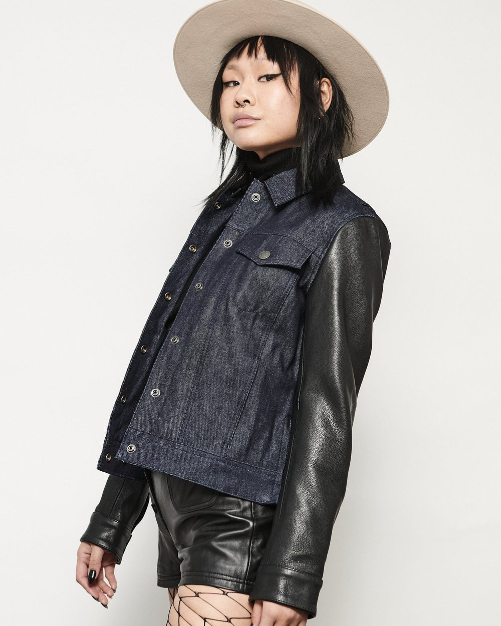 MODERN VICE DENIM & LEATHER VARSITY JACKET